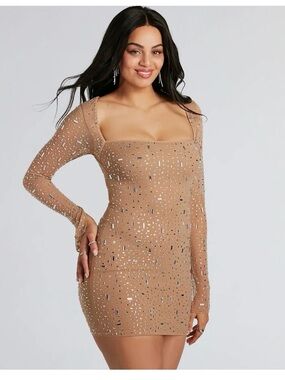 Windsor Nude Tan Mini Dress with Silver Accents